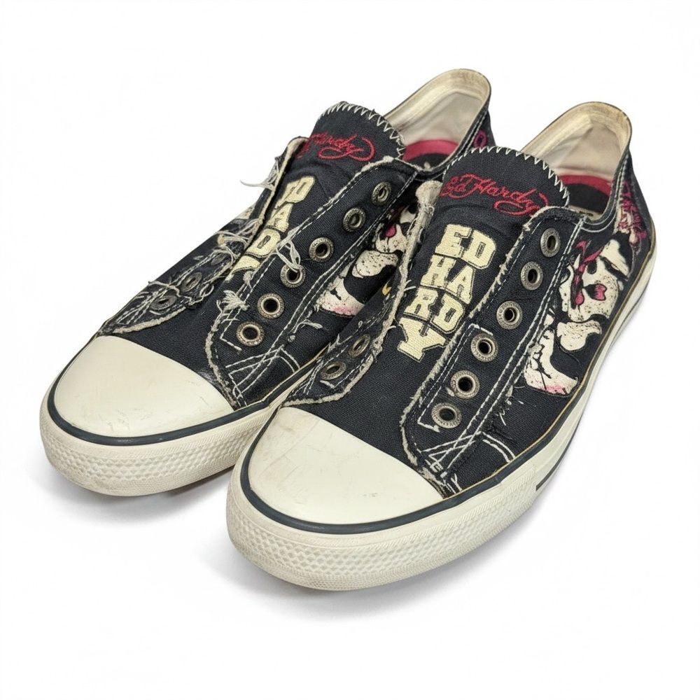 Women’s Ed Hardy Logo Graphic Black Canvas Slip-On Sneakers Y2K 2000’s size 9